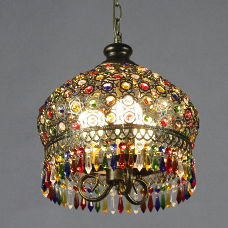 3 Heads Pendant Light Vintage Dome Iron Suspension Light Fixture with Crystal Accent