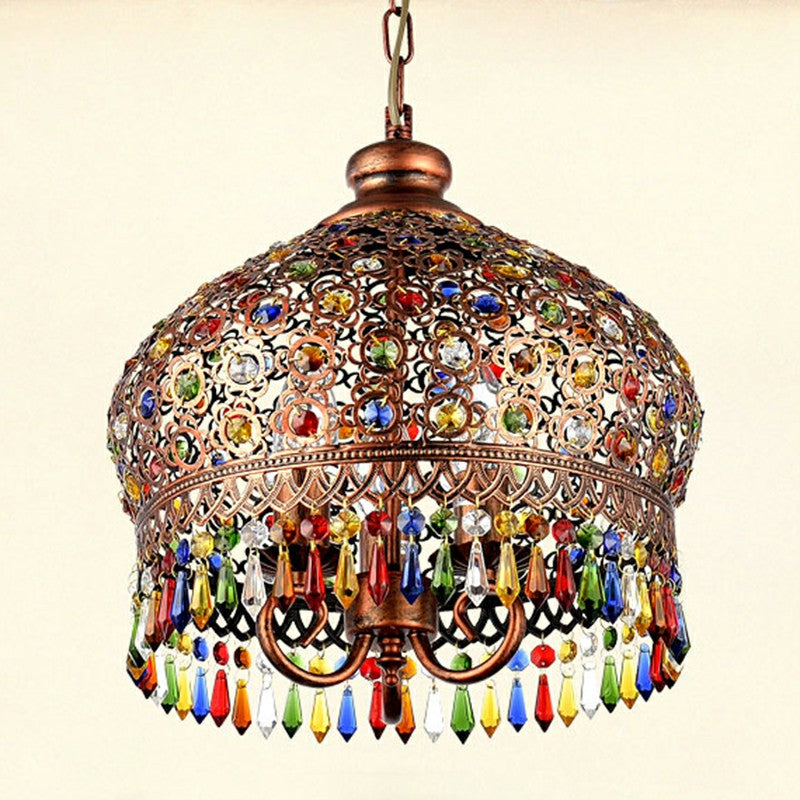 3 Heads Pendant Light Vintage Dome Iron Suspension Light Fixture with Crystal Accent