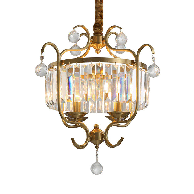 Brass Lantern Chandelier Lamp Modernism 4 Lights Three Side Crystal Rod Hanging Light