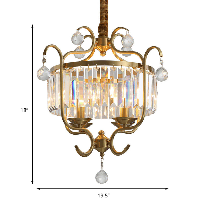 Brass Lantern Chandelier Lamp Modernism 4 Lights Three Side Crystal Rod Hanging Light