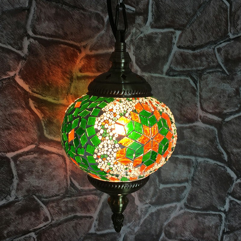 Oblate Stained Glass Ceiling Light Classic 1 Bulb Restaurant Hanging Pendant Light