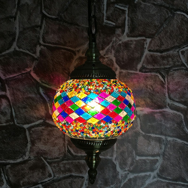 Oblate Stained Glass Ceiling Light Classic 1 Bulb Restaurant Hanging Pendant Light