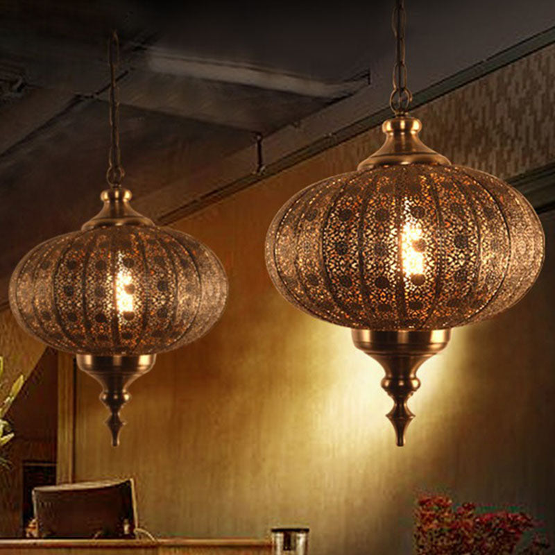 Oblate Lantern Metallic Suspension Lighting Traditional 1-Light Restaurant Pendant Ceiling Light in Brown