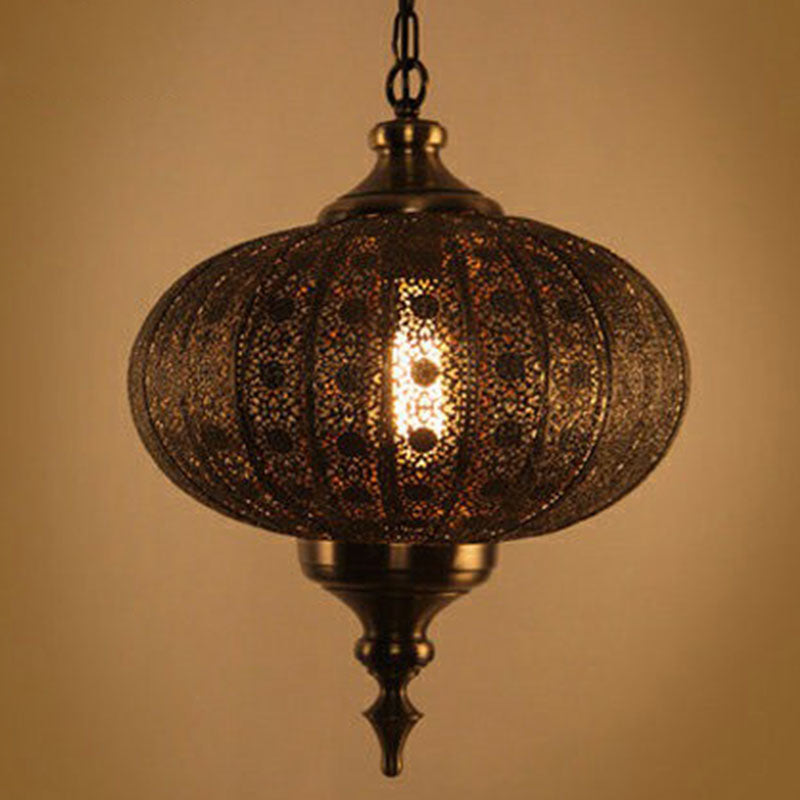 Oblate Lantern Metallic Suspension Lighting Traditional 1-Light Restaurant Pendant Ceiling Light in Brown