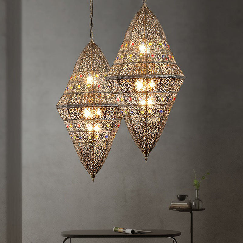 6 Bulbs Suspension Light South-east Asia Hollow-Carved Iron Pendant Light Fixture in Grey