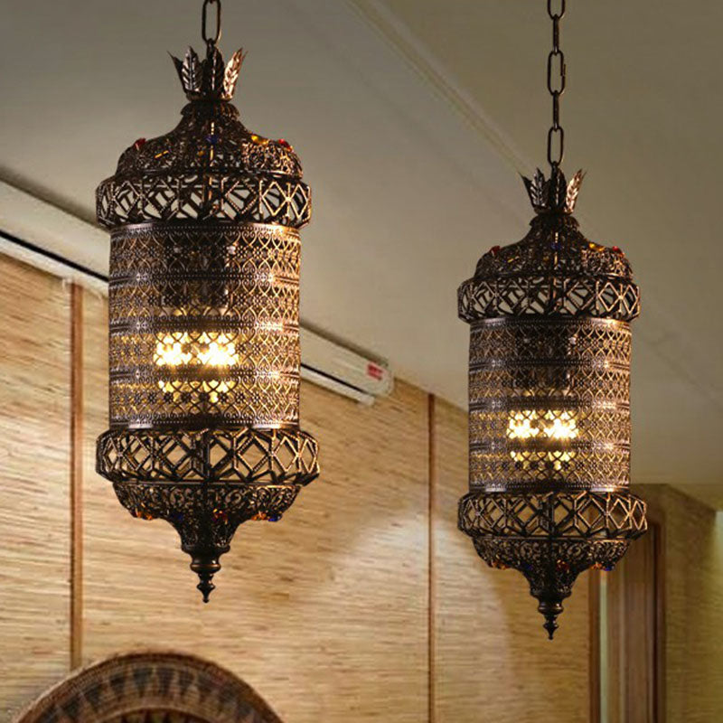 Carved Lantern Iron Suspension Lighting South-east Asia 3 Heads Restaurant Pendant Ceiling Light in Bronze