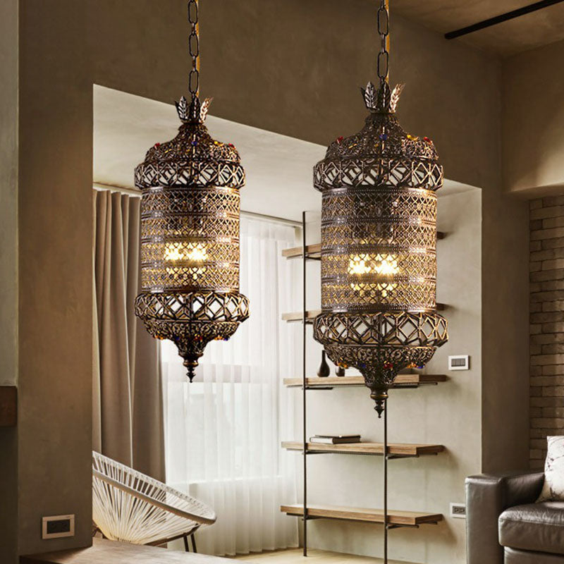 Carved Lantern Iron Suspension Lighting South-east Asia 3 Heads Restaurant Pendant Ceiling Light in Bronze