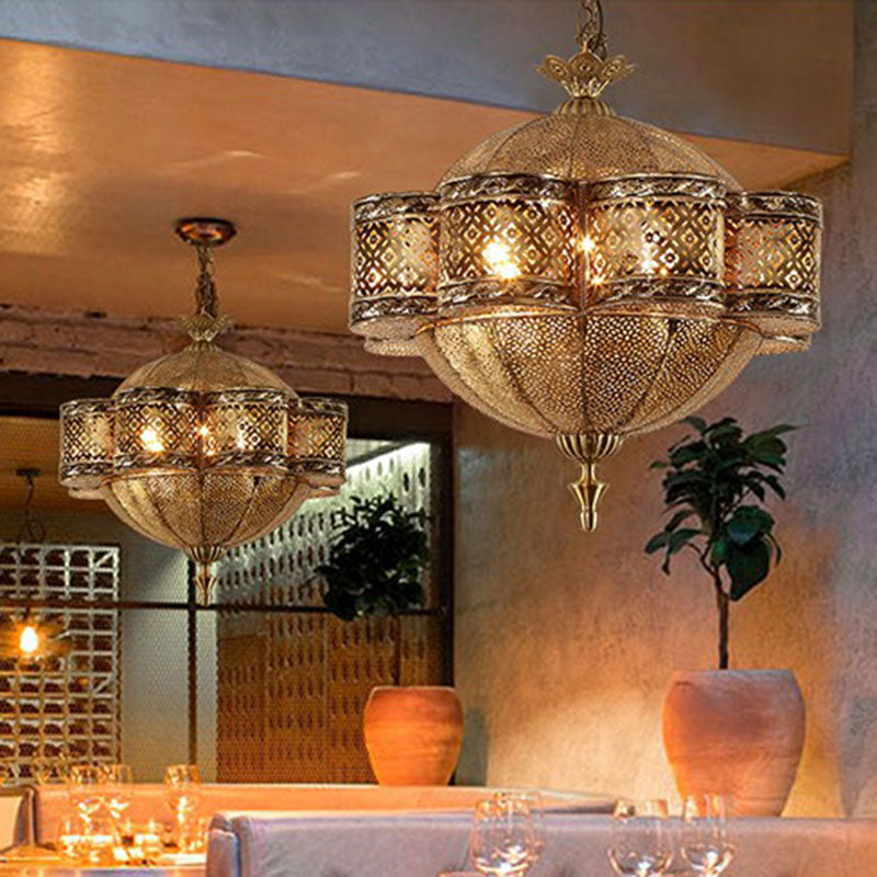 Cut-out Metallic Ceiling Light Southeast Asia 6 Bulbs Restaurant Hanging Pendant Light in Bronze