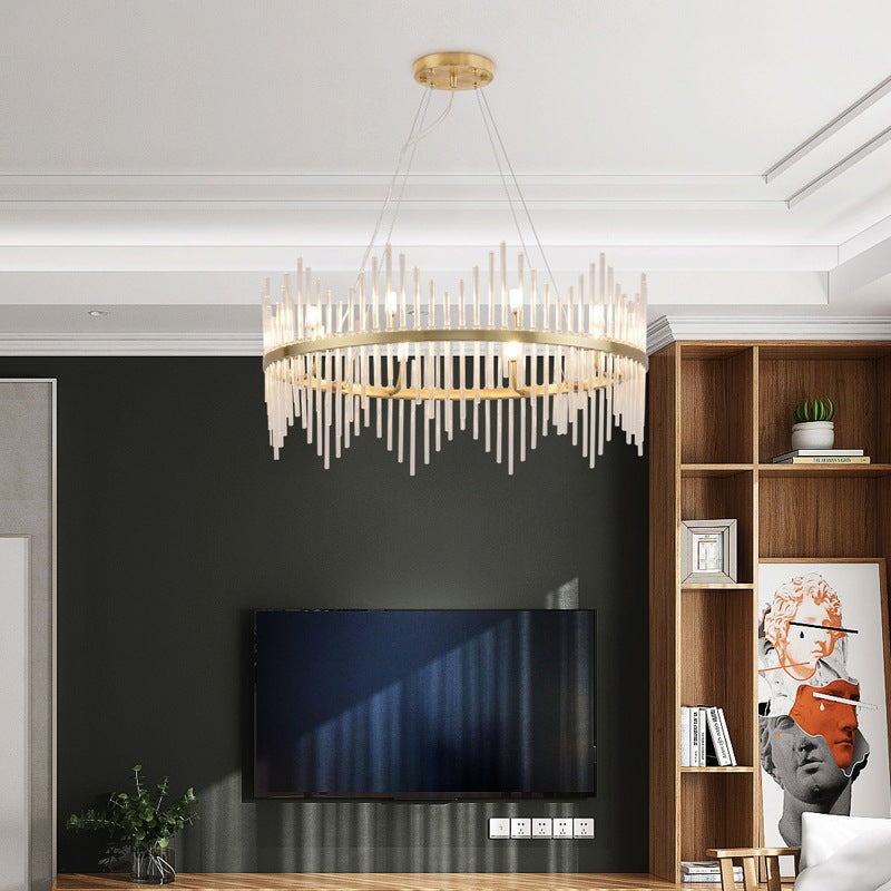 Round Chandelier Pendant Light Modern Crystal Rod 6/8 Lights Brass Hanging Light Kit for Living Room