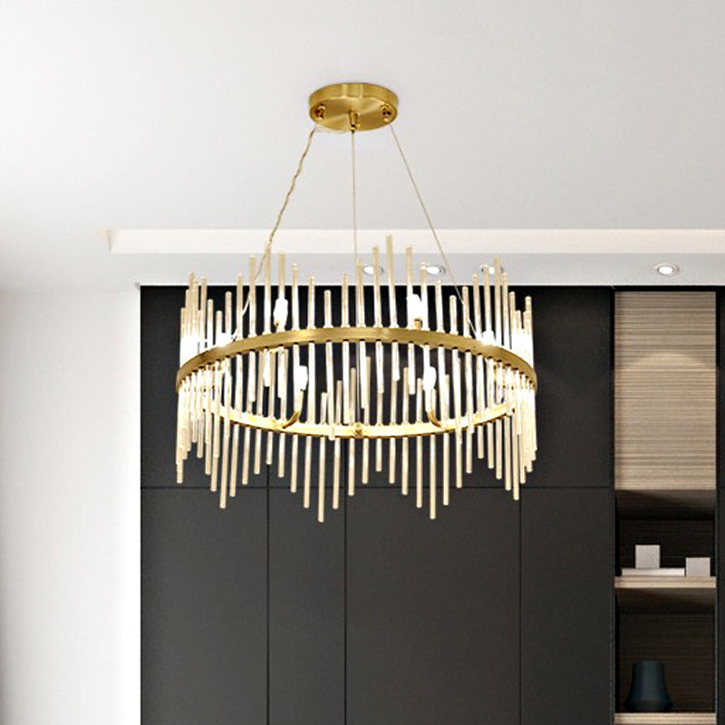 Round Chandelier Pendant Light Modern Crystal Rod 6/8 Lights Brass Hanging Light Kit for Living Room