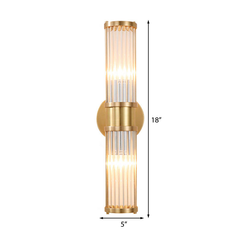 Brass Linear Wall Lamp Modern Stylish 2 Lights Clear Crystal Wall Light Sconce with Cylinder Shape