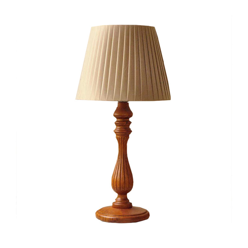 1 Light Barrel Shape Table Light Classic Brown Fabric Nightstand Lamp for Bedroom with Wood Base