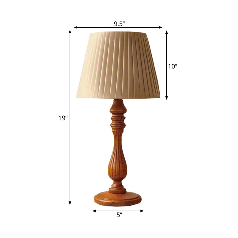 1 Light Barrel Shape Table Light Classic Brown Fabric Nightstand Lamp for Bedroom with Wood Base