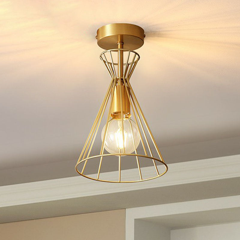 Vintage Hourglass Semi Flush Ceiling Light Single-Bulb Metal Flush Mount Lighting Fixture in Gold