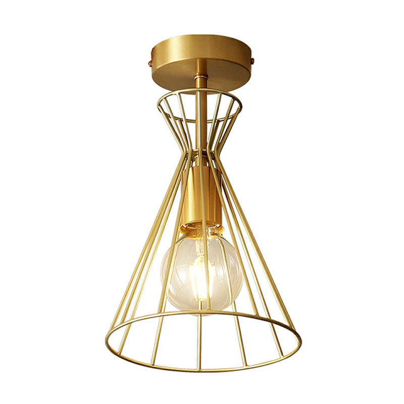 Vintage Hourglass Semi Flush Ceiling Light Single-Bulb Metal Flush Mount Lighting Fixture in Gold