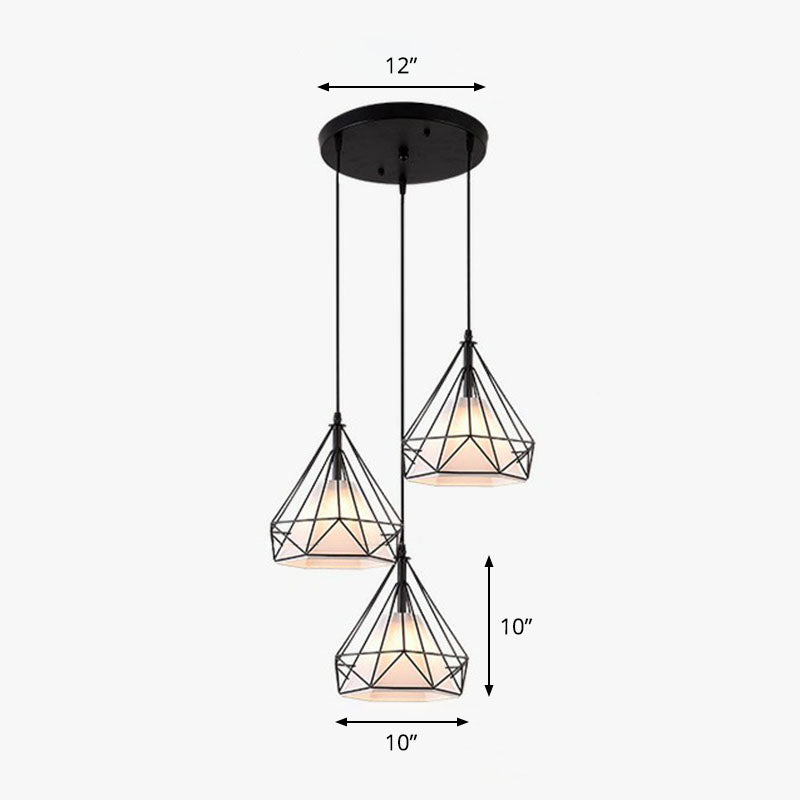 Industrial Diamond Cage Multi Light Pendant 3 Heads Iron Hanging Lighting for Dining Room