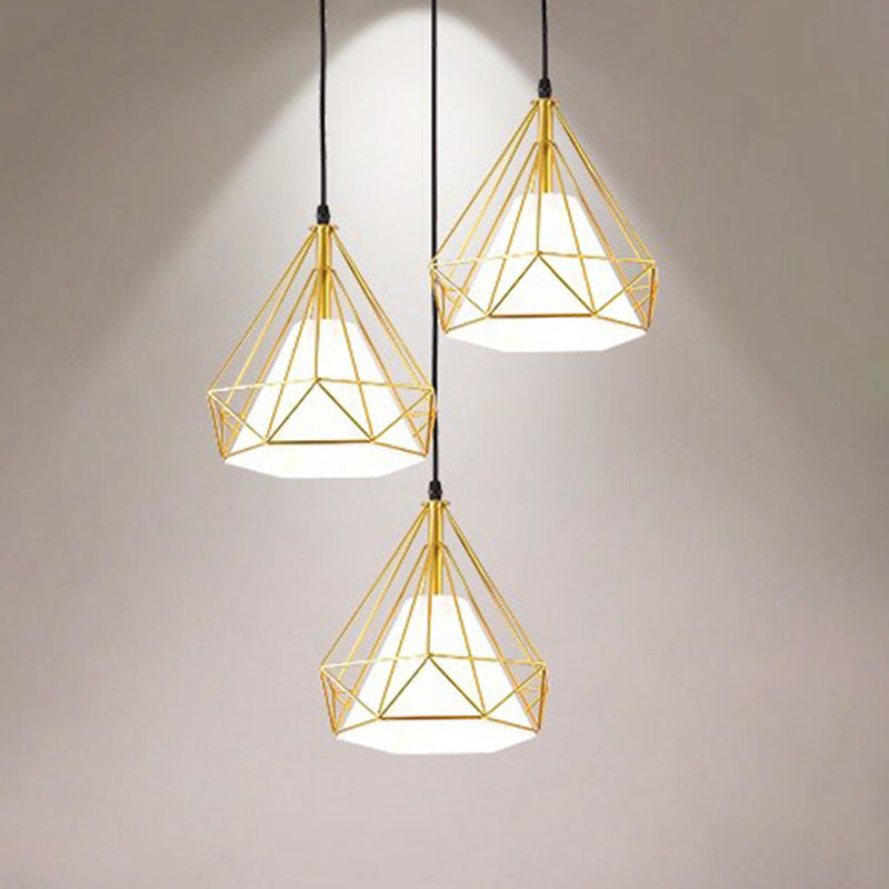 Industrial Diamond Cage Multi Light Pendant 3 Heads Iron Hanging Lighting for Dining Room