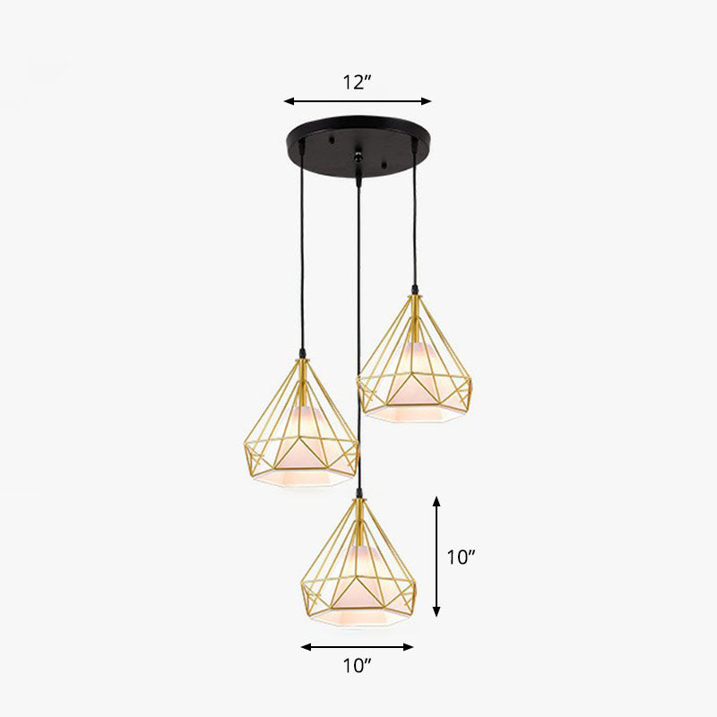 Industriel Diamond Cage Multi Light Pendant 3 têtes Éclairage de suspension en fer pour salle à manger