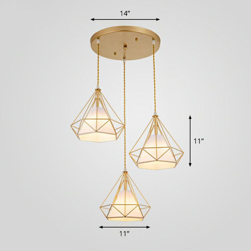 Diamond Cage Iron Suspension Light Fixture Vintage 3 Bulbs Restaurant Multi Ceiling Lamp with Inner Cone Shade