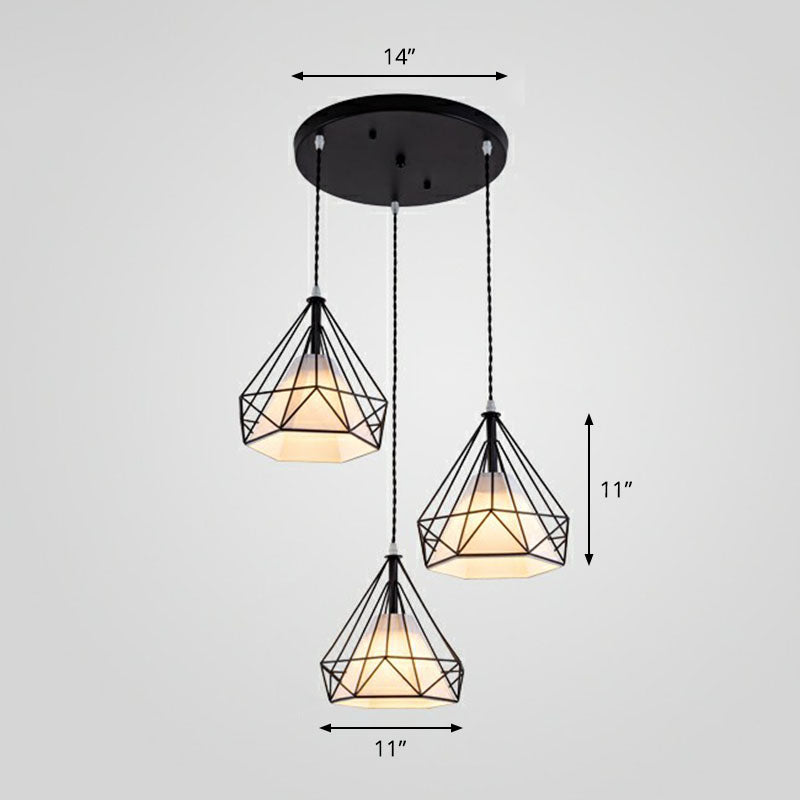 Diamond Cage Iron Suspension Light Fixture Vintage 3 Bulbs Restaurant Multi Ceiling Lamp with Inner Cone Shade