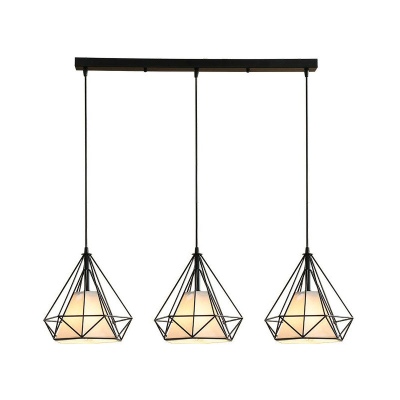 Tissu conical suspendu léger antique 3 têtes salle à manger pendentif multi-léger avec cage en diamant