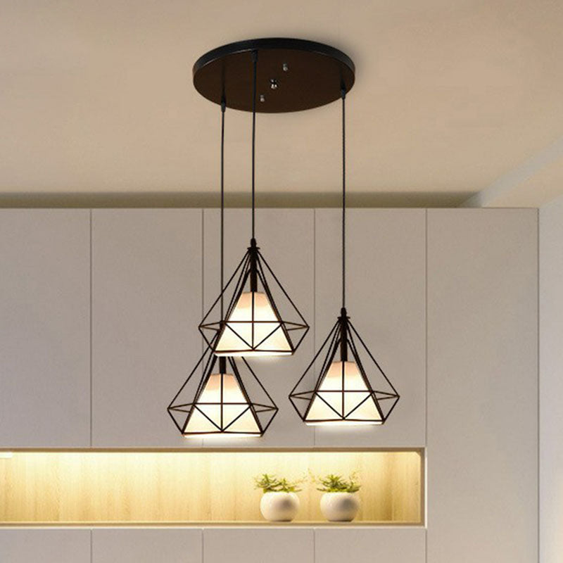 Stof conisch hangend licht antieke 3 koppen eetkamer multi -light hanger met diamantkooi