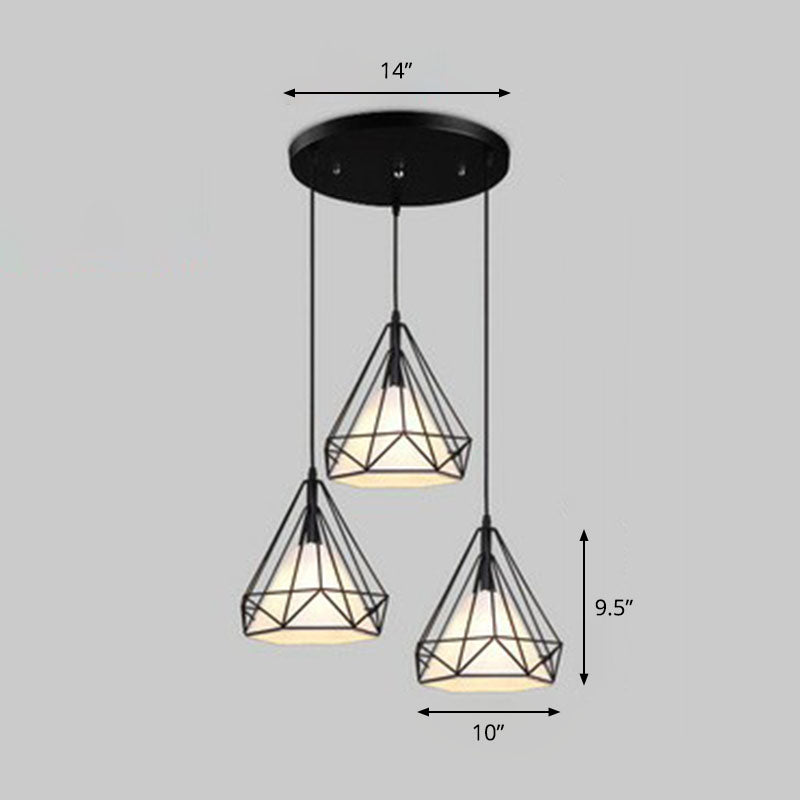 Fabric Conical Hanging Light Antique 3 Heads Dining Room Multi Light Pendant with Diamond Cage