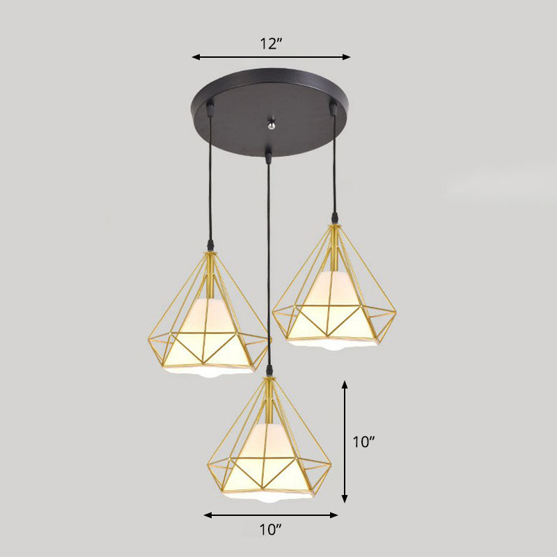 3 Bulbs Multi Ceiling Light Simplicity Diamond Frame Iron Suspension Lighting for Restaurant