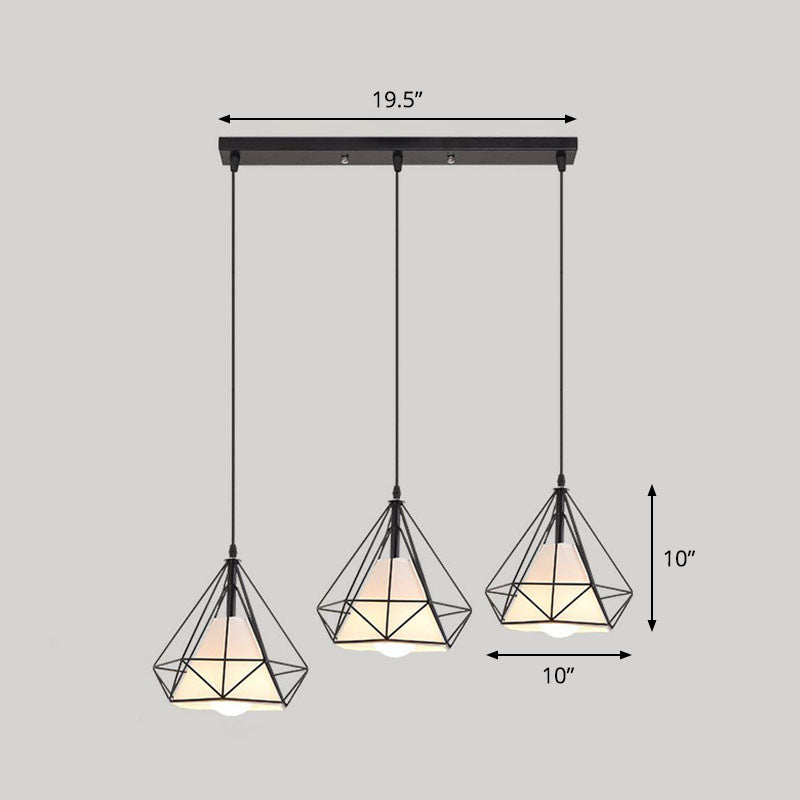 3 Bulbs Multi Ceiling Light Simplicity Diamond Frame Iron Suspension Lighting for Restaurant