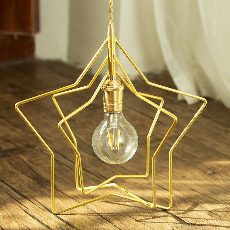 Star Frame Iron Suspension Lighting Retro Style 1 Head Restaurant Pendant Ceiling Light in Gold