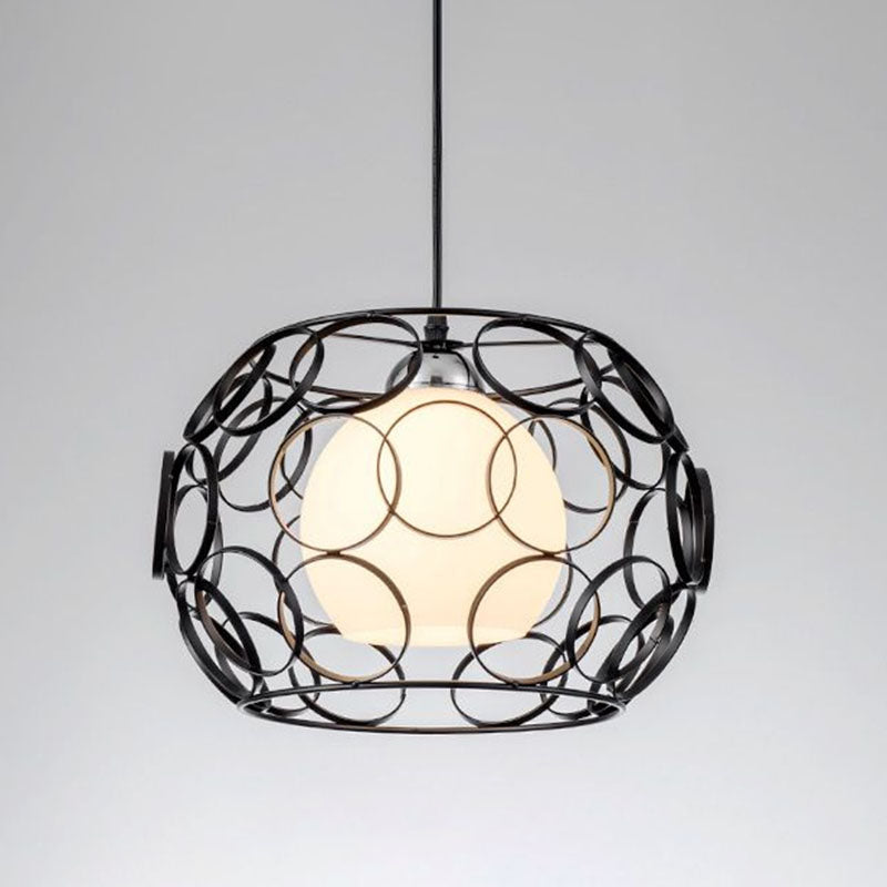 Cream Glass Global Ceiling Light Industrial Single Restaurant Hanging Pendant Light with Metallic Cage