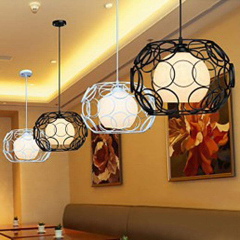 Cream Glass Global Ceiling Light Industrial Single Restaurant Hanging Pendant Light with Metallic Cage