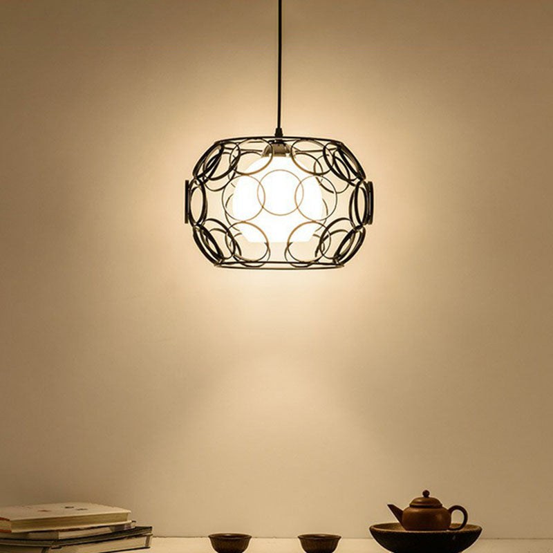 Cream Glass Global Ceiling Light Industrial Single Restaurant Hanging Pendant Light with Metallic Cage