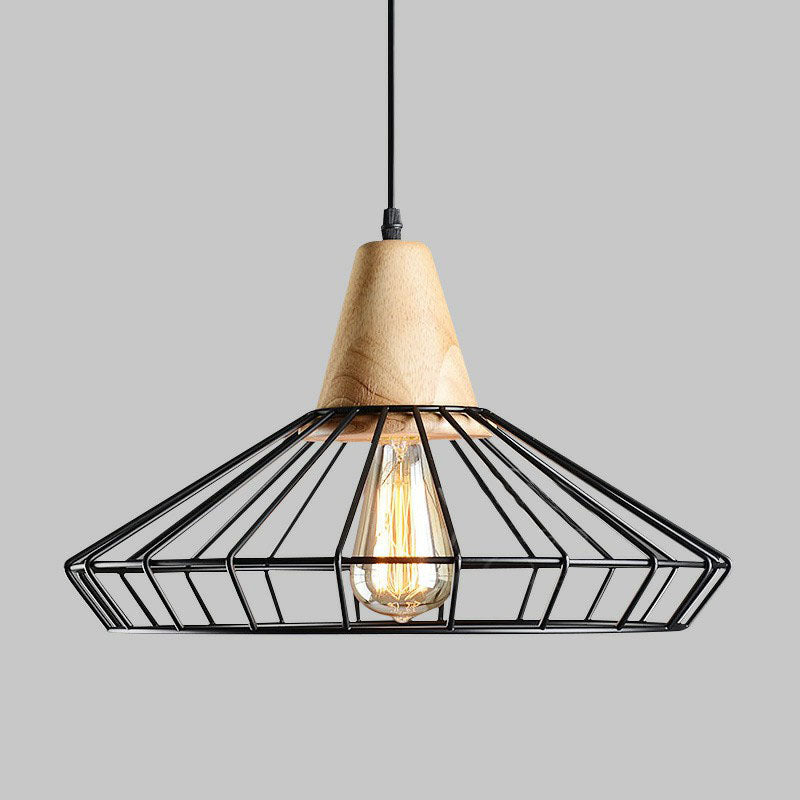 Antique Cage Shade Pendant Light 1-Light Iron Hanging Light Fixture with Wooden Top in Black