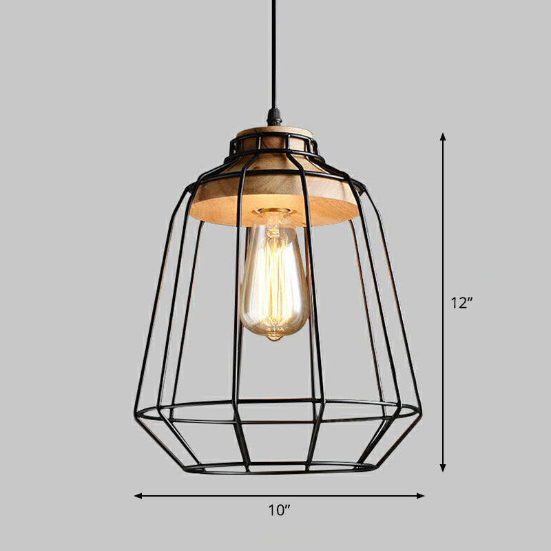 Antique Cage Shade Pendant Light 1-Light Iron Hanging Light Fixture with Wooden Top in Black