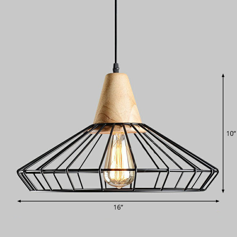 Antique Cage Shade Pendant Light 1-Light Iron Hanging Light Fixture with Wooden Top in Black