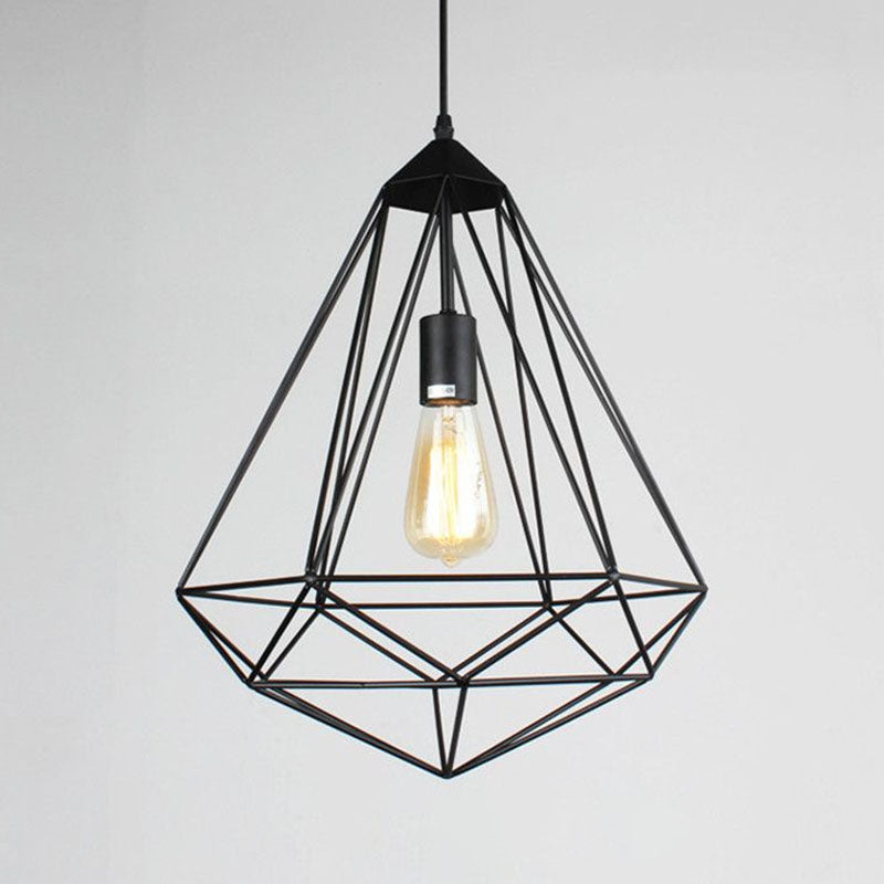 Iron Gemstone Frame Suspension Lighting Retro Style 1 Head Restaurant Pendant Ceiling Light in Black