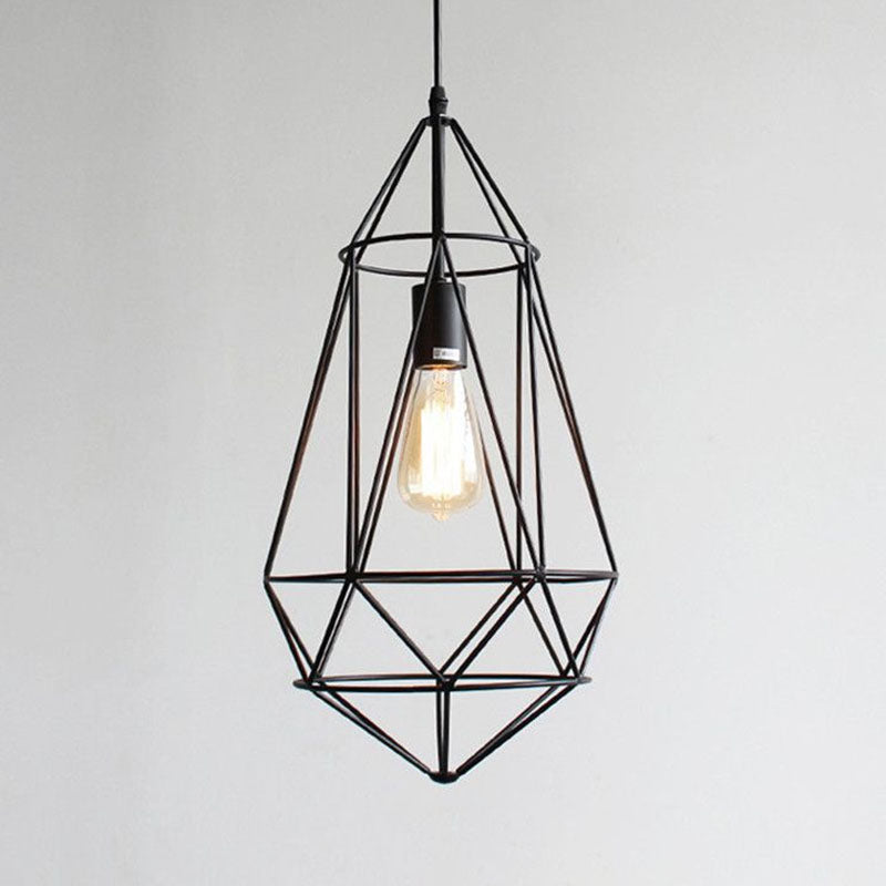 Iron Gemstone Frame Suspension Lighting Retro Style 1 Head Restaurant Pendant Ceiling Light in Black