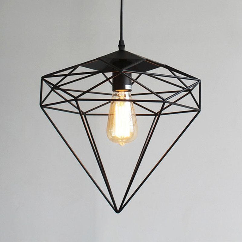 Iron Gemstone Frame Suspension Lighting Retro Style 1 Head Restaurant Pendant Ceiling Light in Black