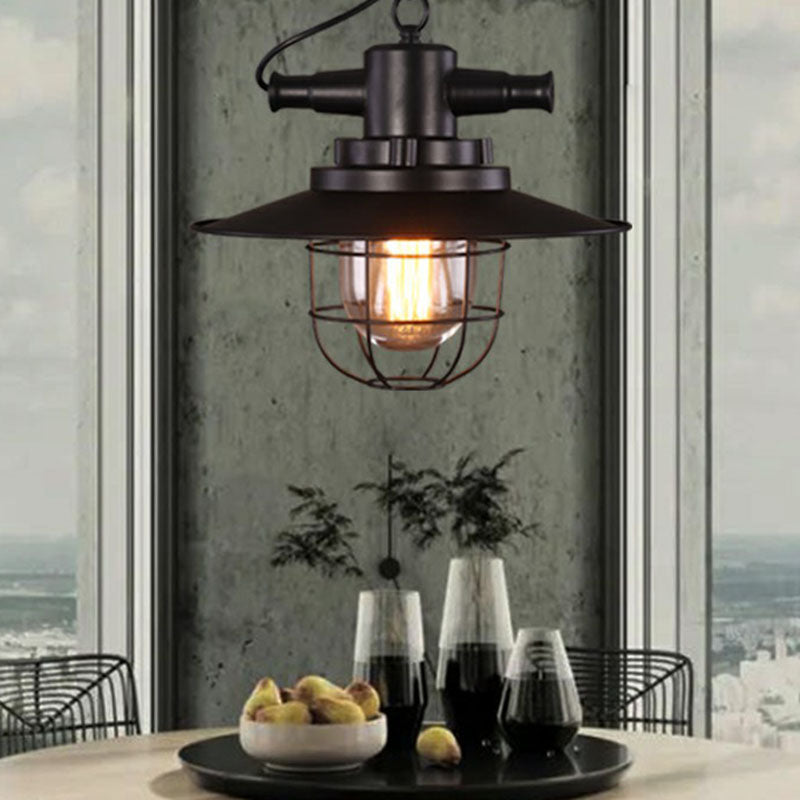 Pot Lid Iron Pendant Light Antique 1-Light Restaurant Hanging Light Fixture in Black