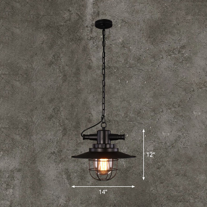 Pot Lid Iron Pendant Light Antique 1-Light Restaurant Hanging Light Fixture in Black