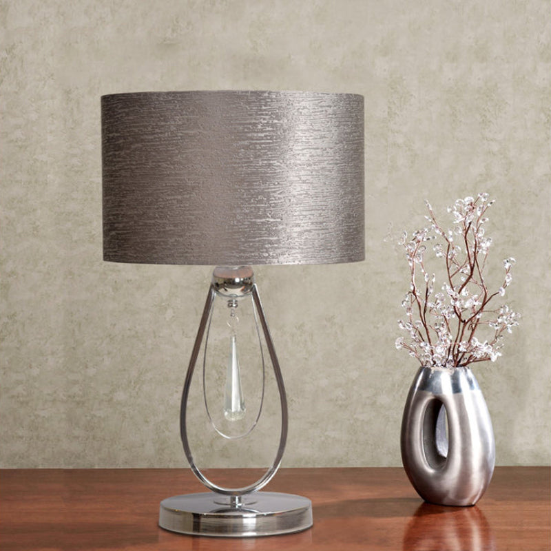 1 Light Desk Light Traditional Drum Fabric Reading Lamp in Grey for Bedroom with Metal Base