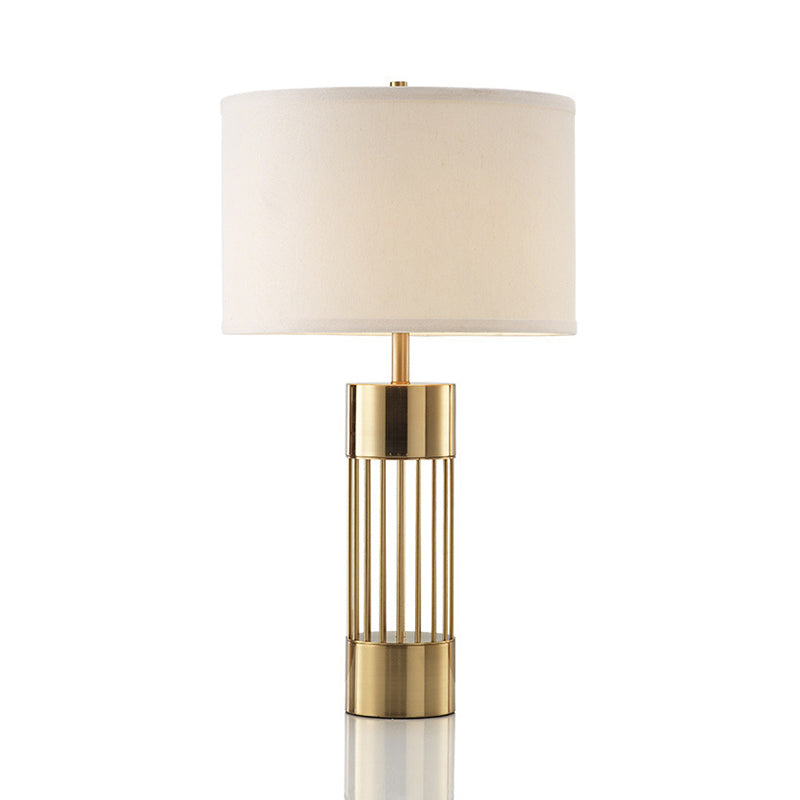 Drum Fabric Desk Lamp Traditional 1 Light Bedroom Reading Light in Brass with Cylinder Base