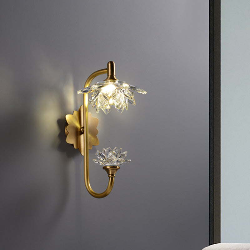 1 Bulb Bedroom Wall Sconce Fixture Modernist Style Brass Finish Wall Lamp with Lotus Clear Crystal Shade