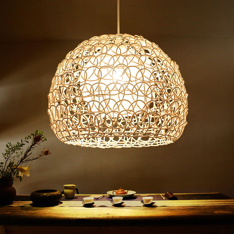 Dome Restaurant Suspension Light Rattan 1-Light Simplicity Pendant Light Fixture in Wood