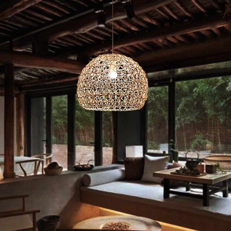 Dome Restaurant Suspension Light Rattan 1-Light Simplicity Pendant Light Fixture in Wood