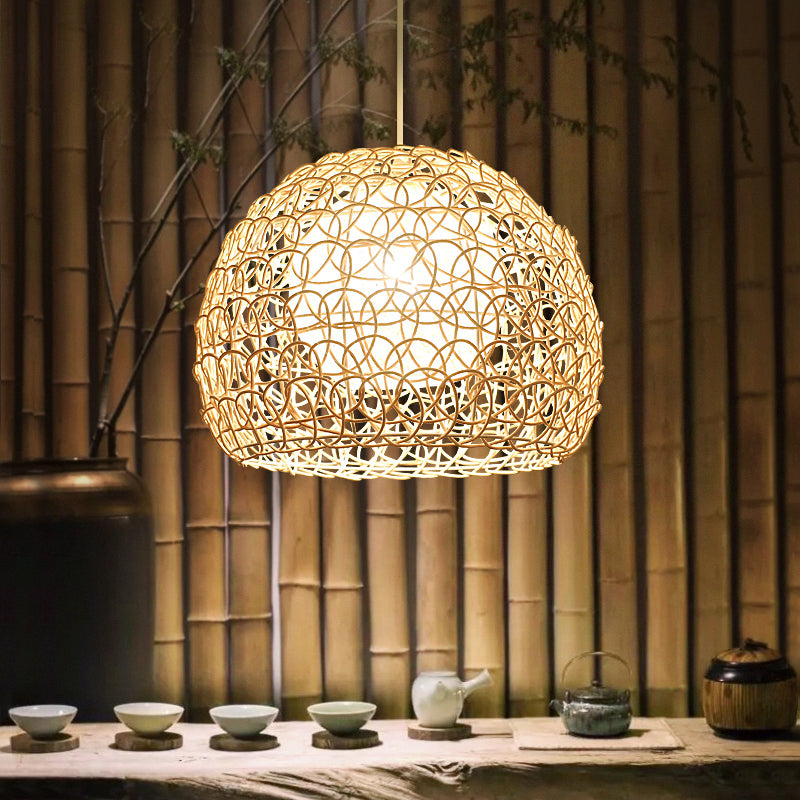 Dome Restaurant Suspension Light Rattan 1-Light Simplicity Pendant Light Fixture in Wood