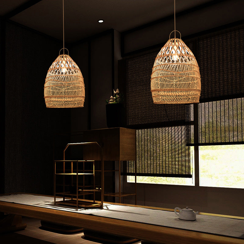 Luce a sospensione allungata in stile asiatico Rattan 1 testa a sospensione Luce a soffitto in legno