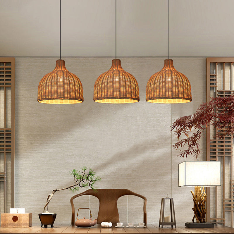 Rattan Bell Shaded Pendant Light Contemporary Single-Bulb Wood Suspension Lighting Fixture