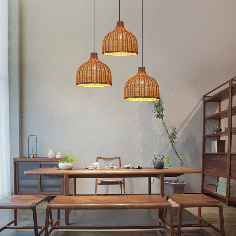 Rattan Bell Shaded Pendant Light Contemporary Single-Bulb Wood Suspension Lighting Fixture